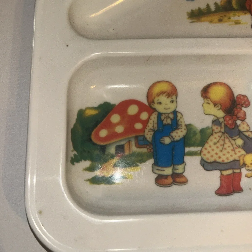 Vintage Melamine Kids Divided Tray Plate Storybook Mushroom Bear Cat Spoon